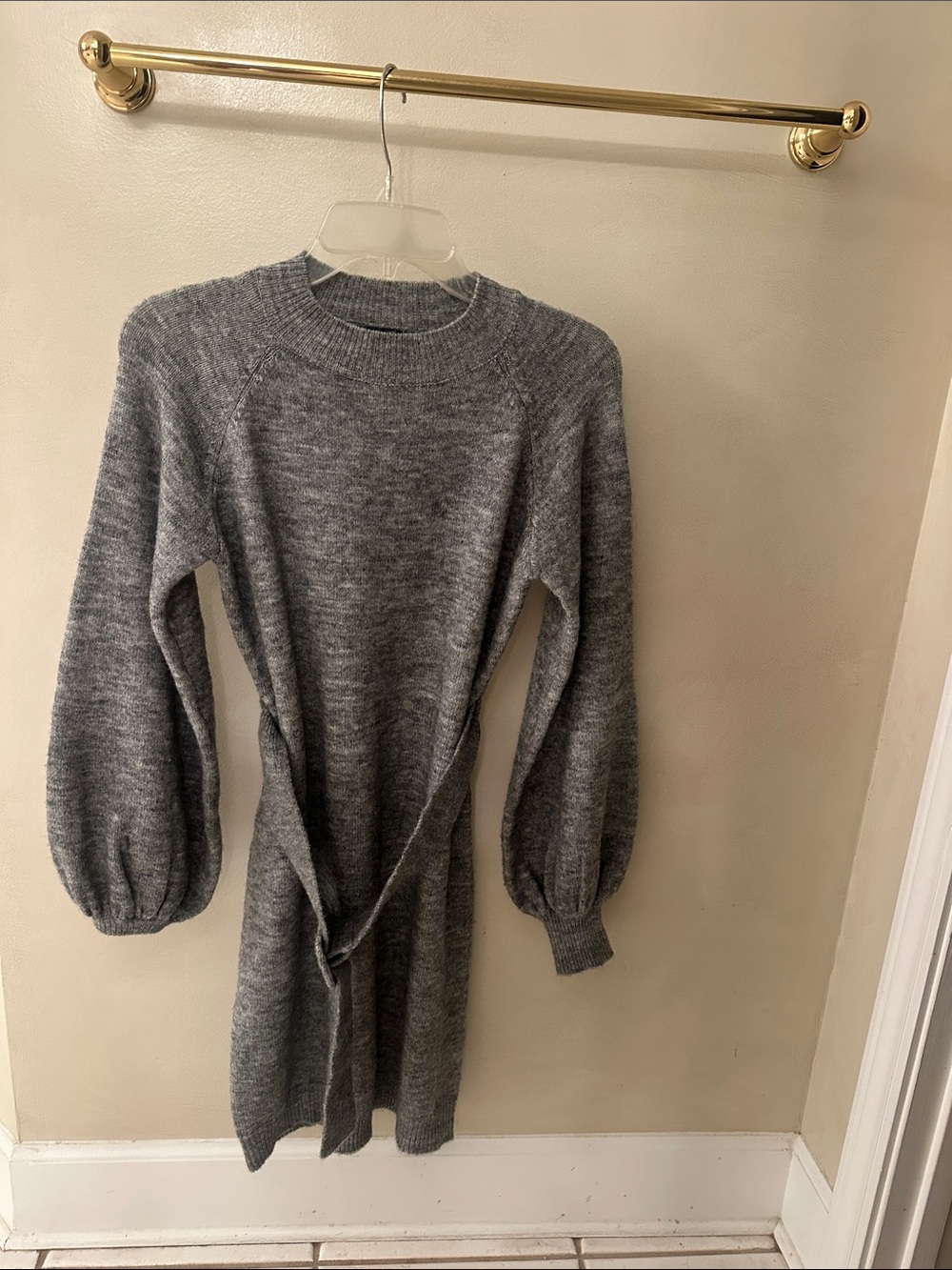 Cache Gray Long Sleeve Knit Dress with Tie Waist